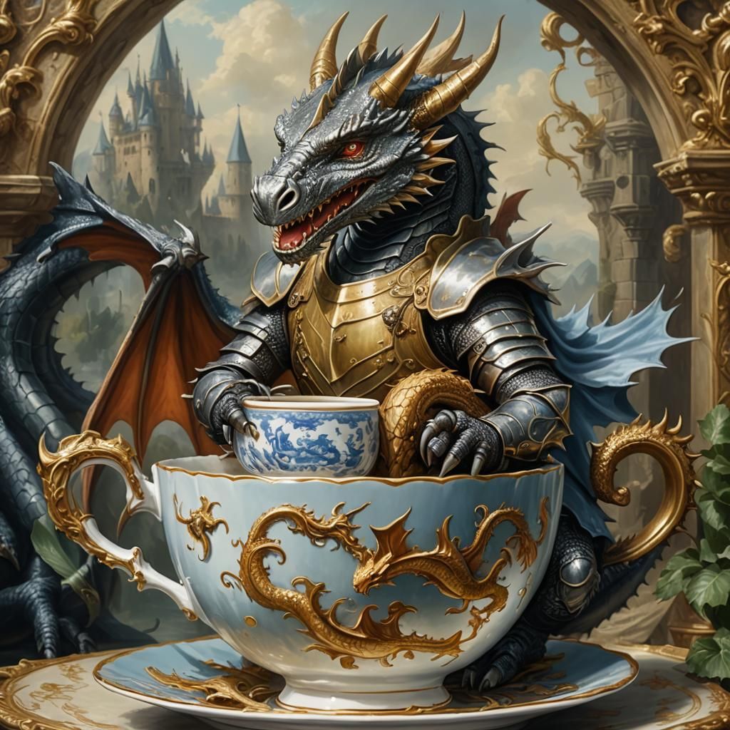 Knight on Dragon in Teacup: Hyperrealistic Oil Painting