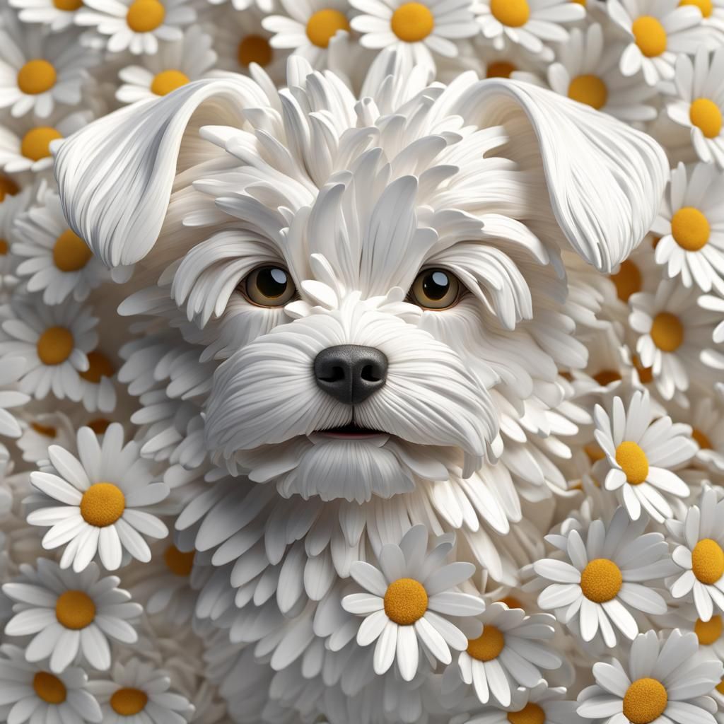 3D render photorealistic Full face close up of a maximalist white daisy Maltese white puppy_ made entirely from tiny dai...