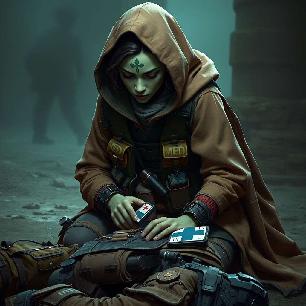 Mirialan Medic Applying Medpack, Sci-Fi Concept Art