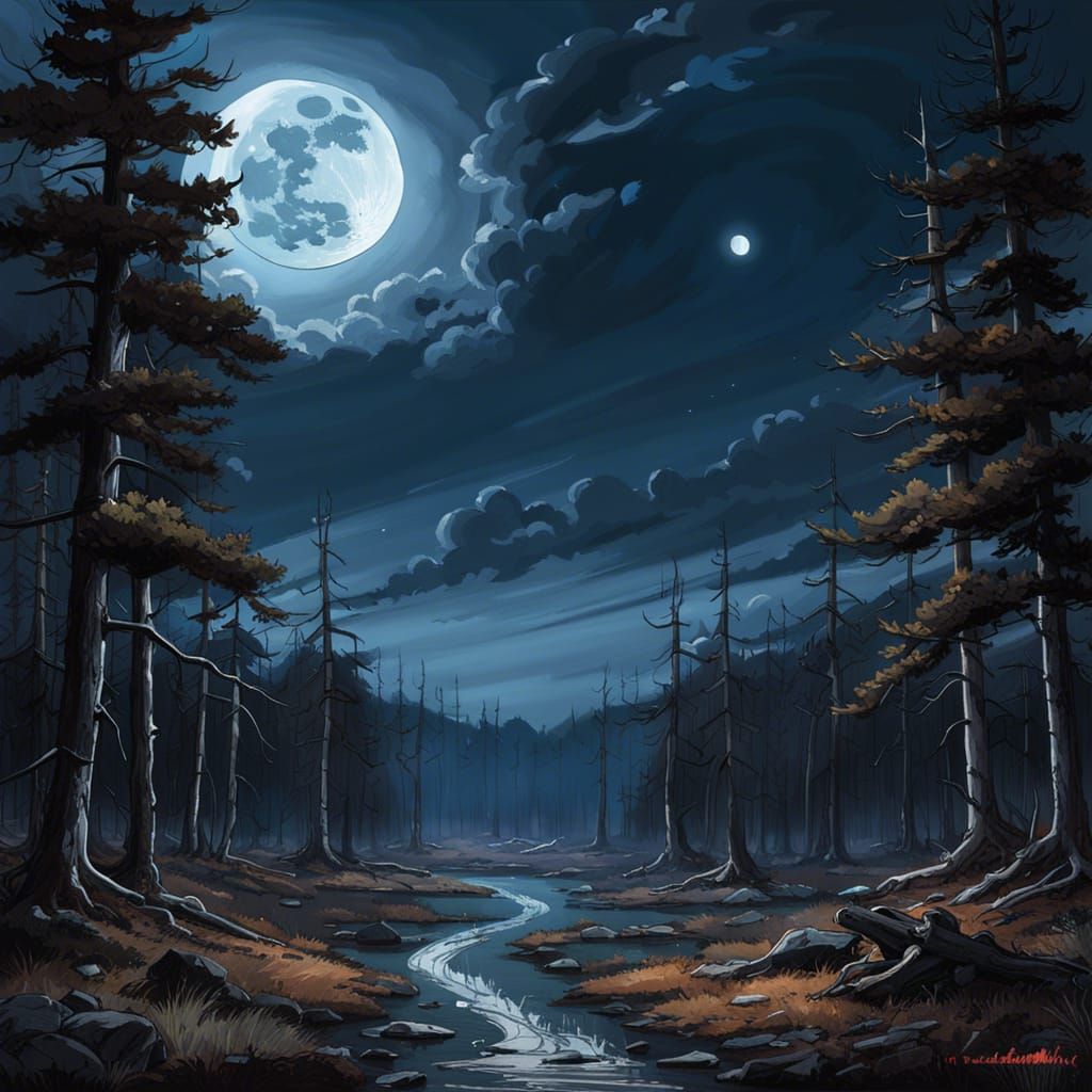 Moonlit Sci-Fi Wasteland Landscape in Digital Illustration