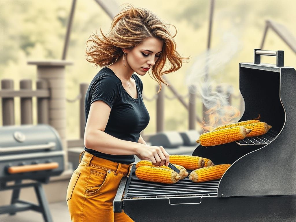 Woman Grilling Corn: Colored Pencil Drawing