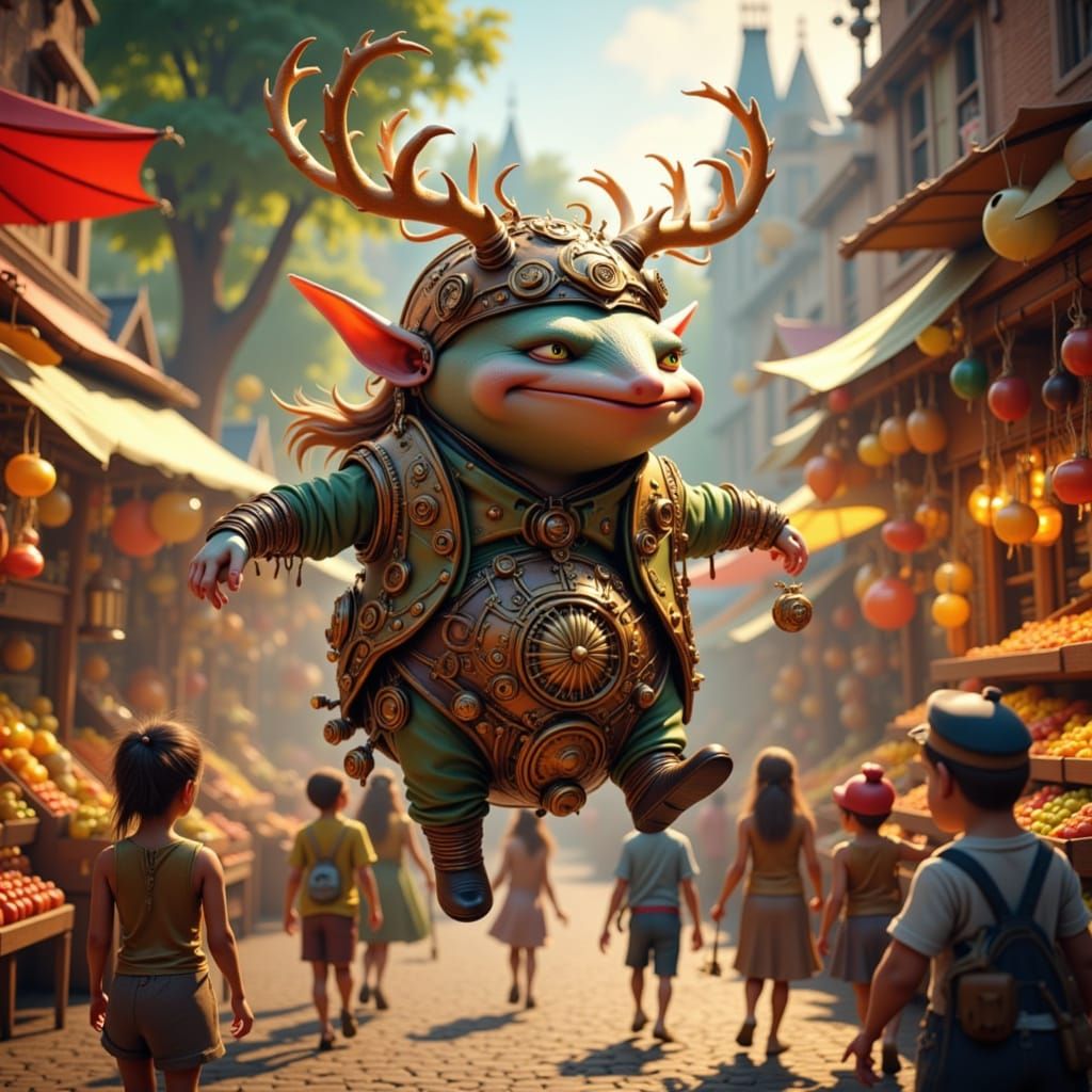 Steampunk Goblin with Antlers Over Fruit Stall