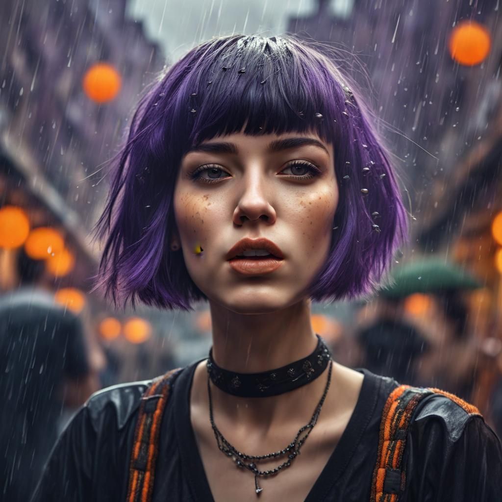 Girl with Purple Hair Smoking in Rainy Cityscape
