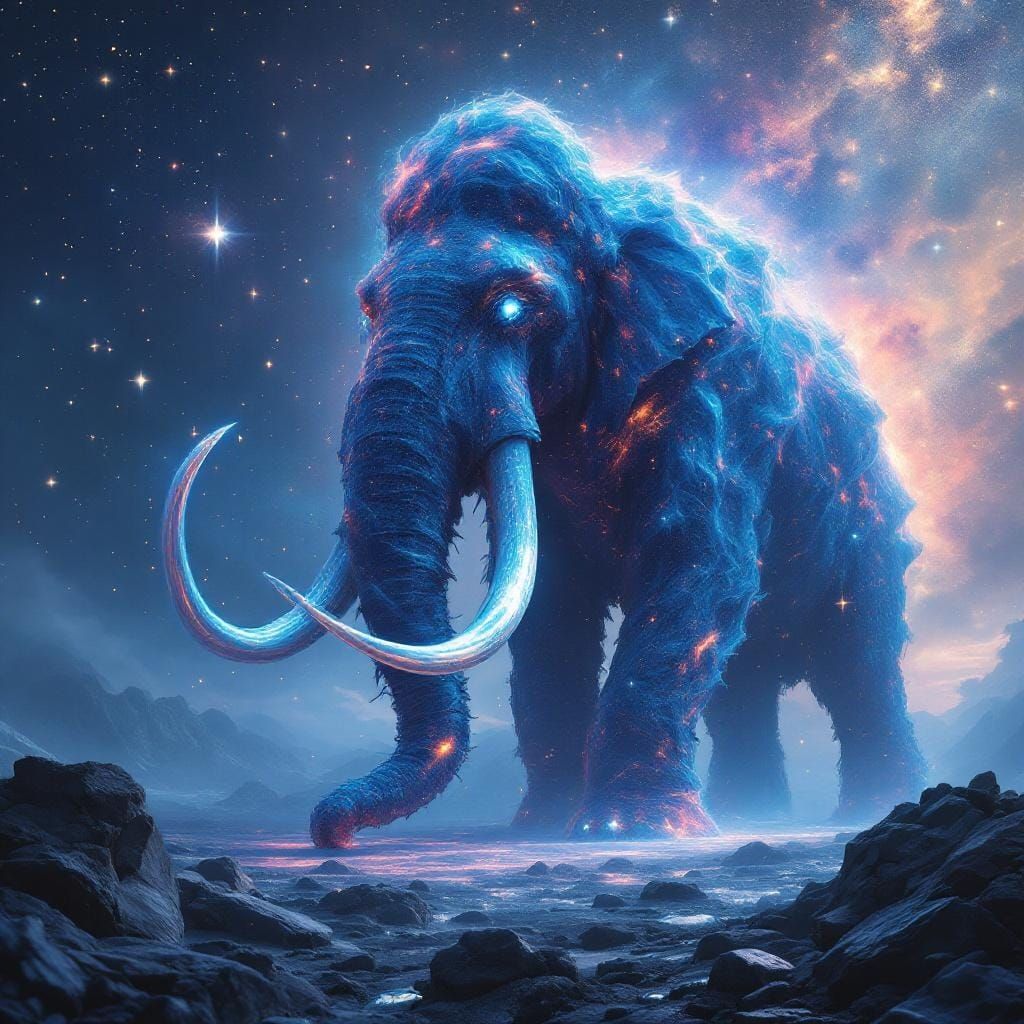 Cosmic Mammoth on Crystalline Plain as Digital Painting