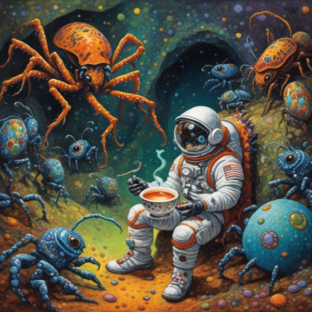 Astronaut's Tea Party with Bug Aliens in Cave