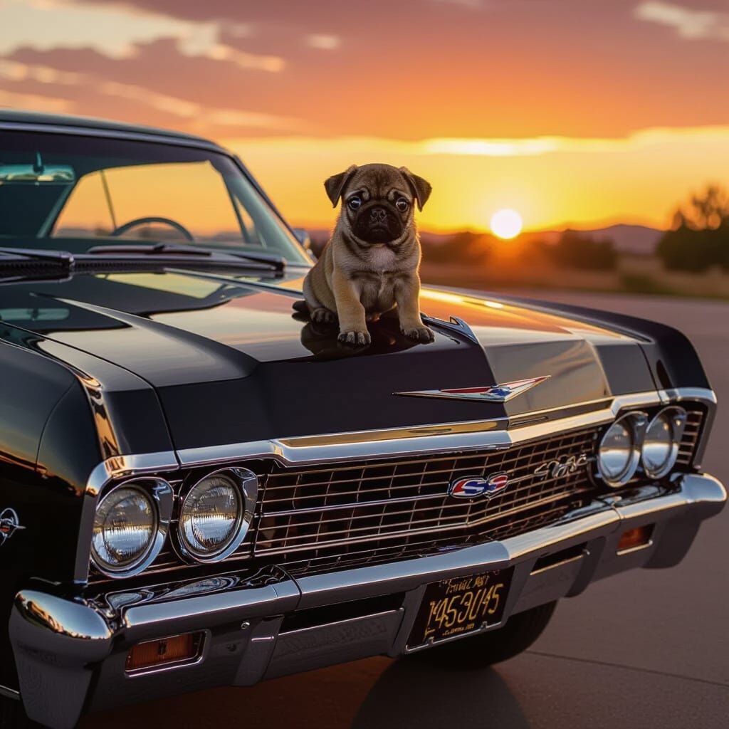 Vintage Black Impala with Gold Accents and Pug Puppy at Suns...