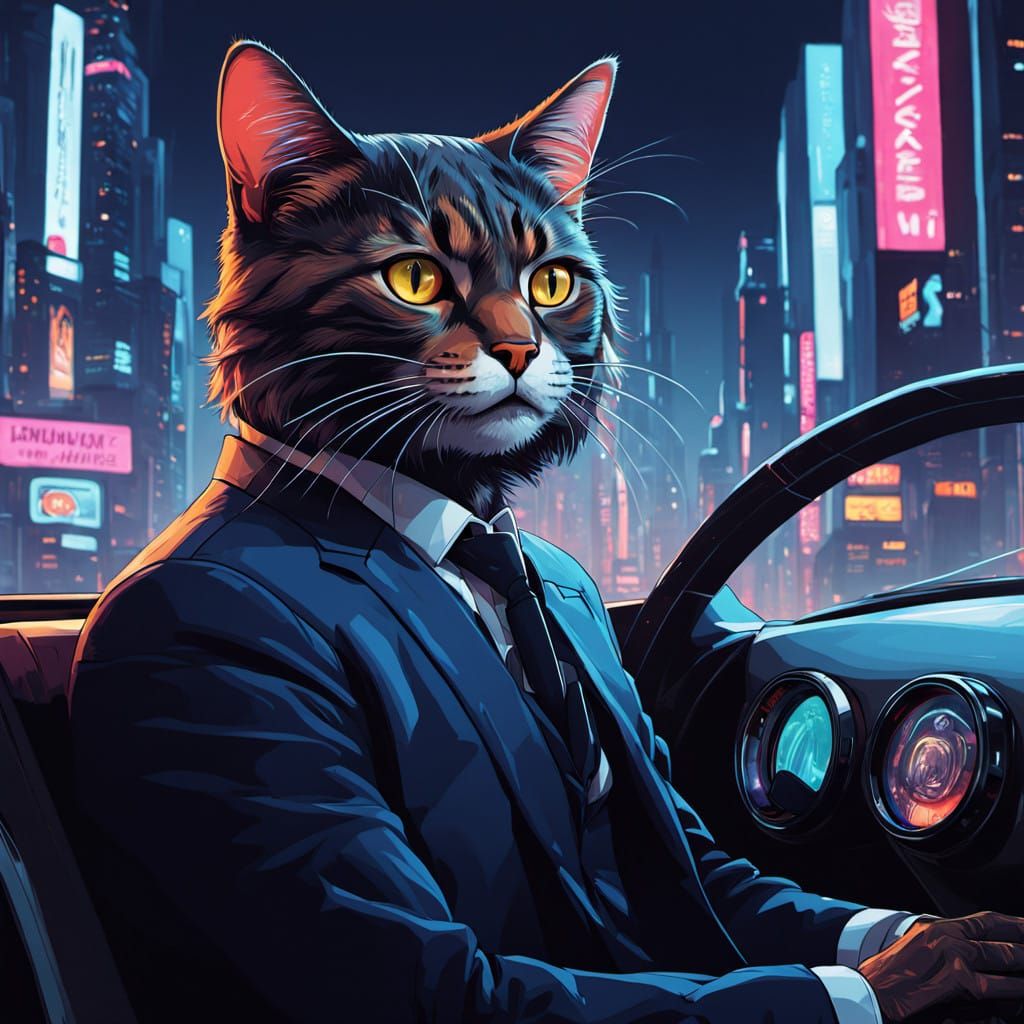 Cyberpunk Cat Behind the Wheel of High-Tech Vehicle
