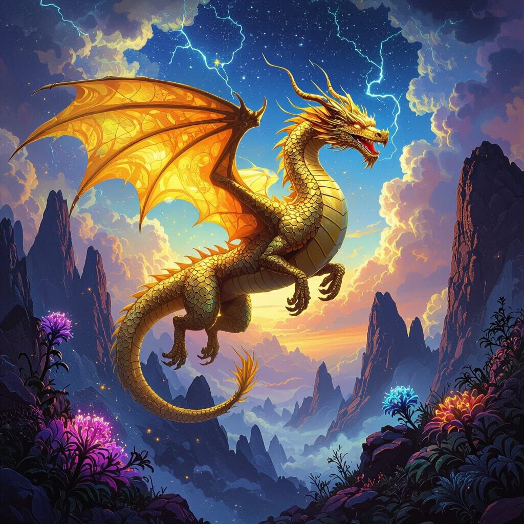 Golden Dragon Soars Through Alien Sky in Fantasy Style