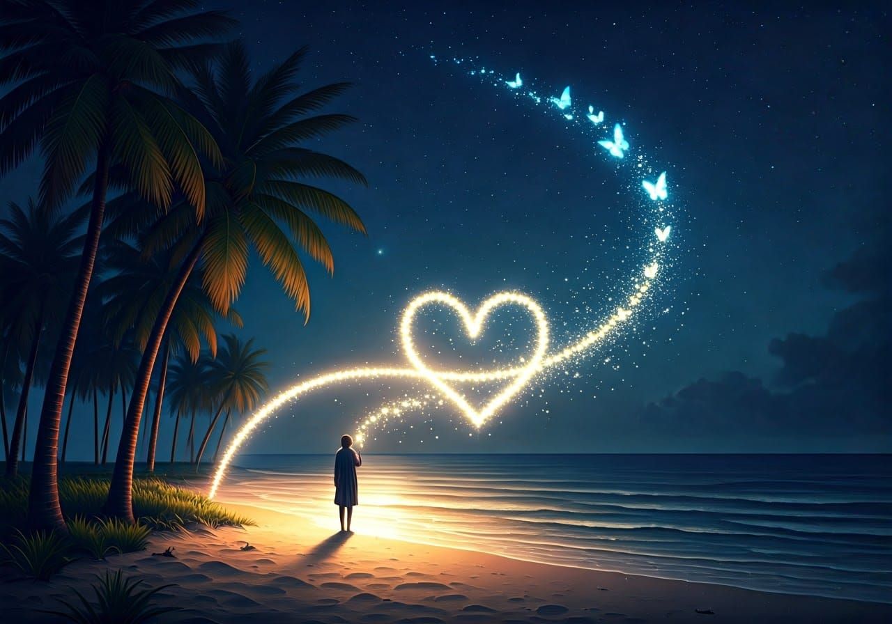 Serene Night Beach Scene with Glowing Pathway of Golden Ligh...