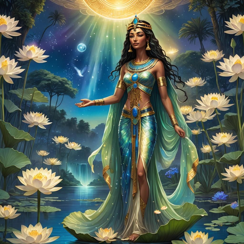Isis in the Nile with Blue Lotus Flowers