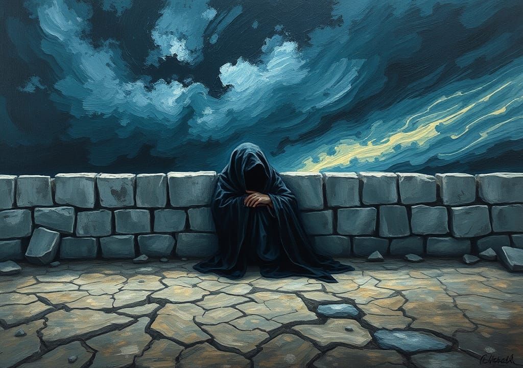 Desolate Figure in Bleak Landscape, as Impasto Painting