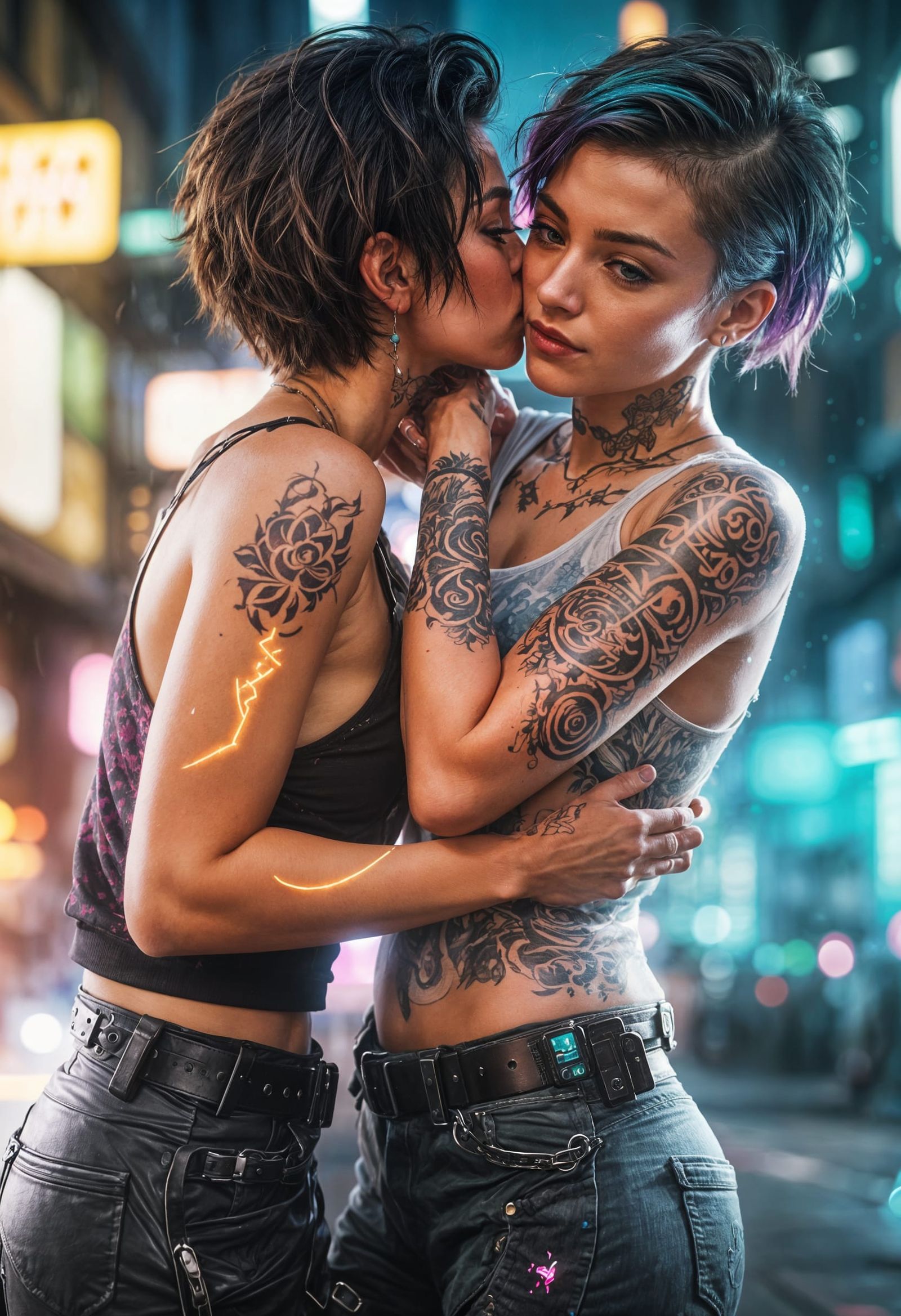 Cyberpunk Women Embrace in Luminescent City