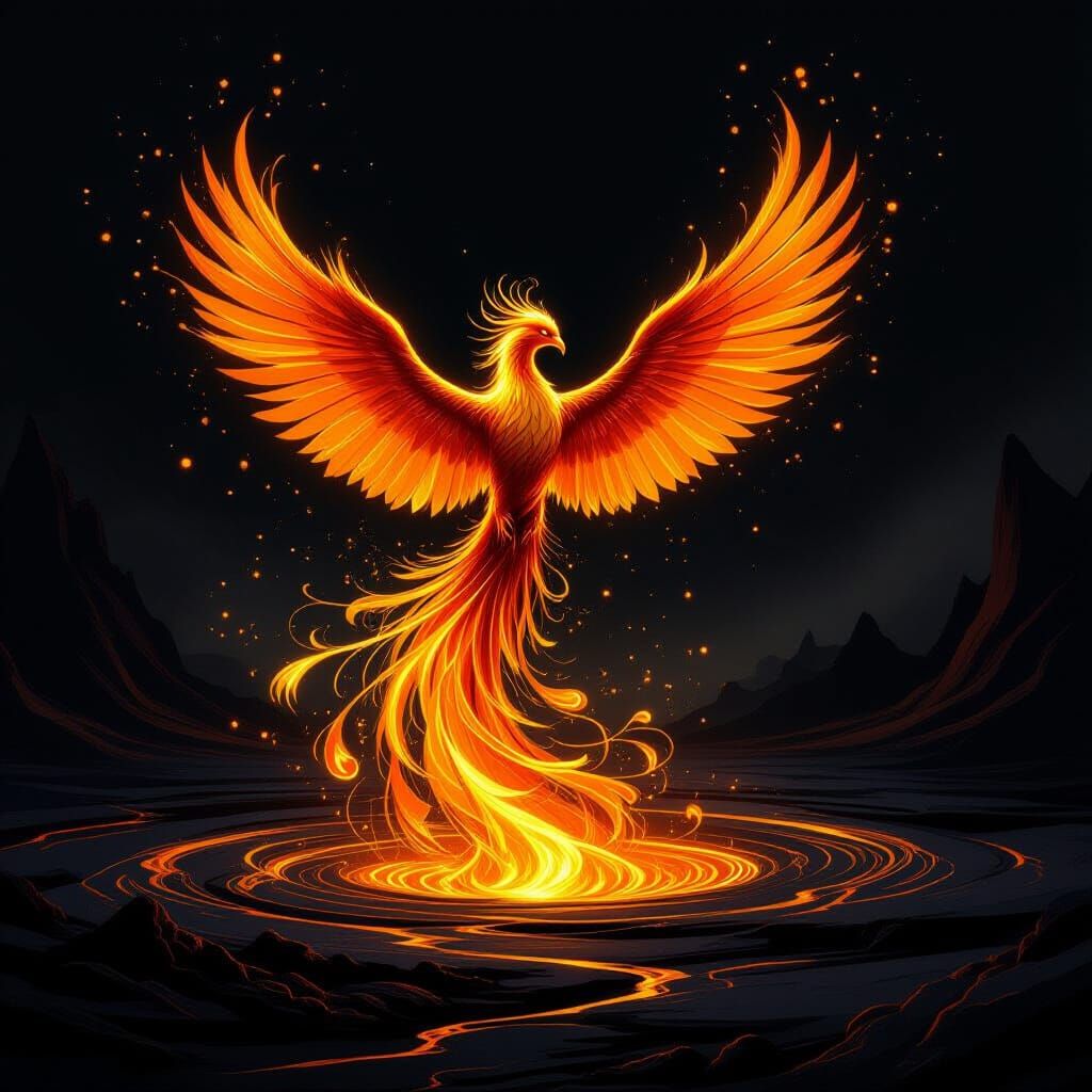 Majestic Phoenix Rises From Liquid Fire Vortex