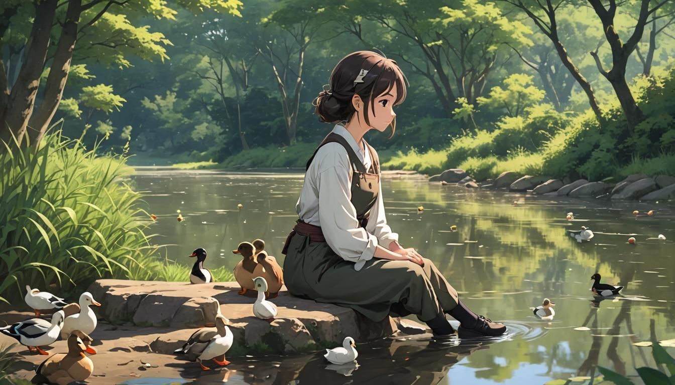 Woman Watching Ducks: Anime-Style Riverbank Scene
