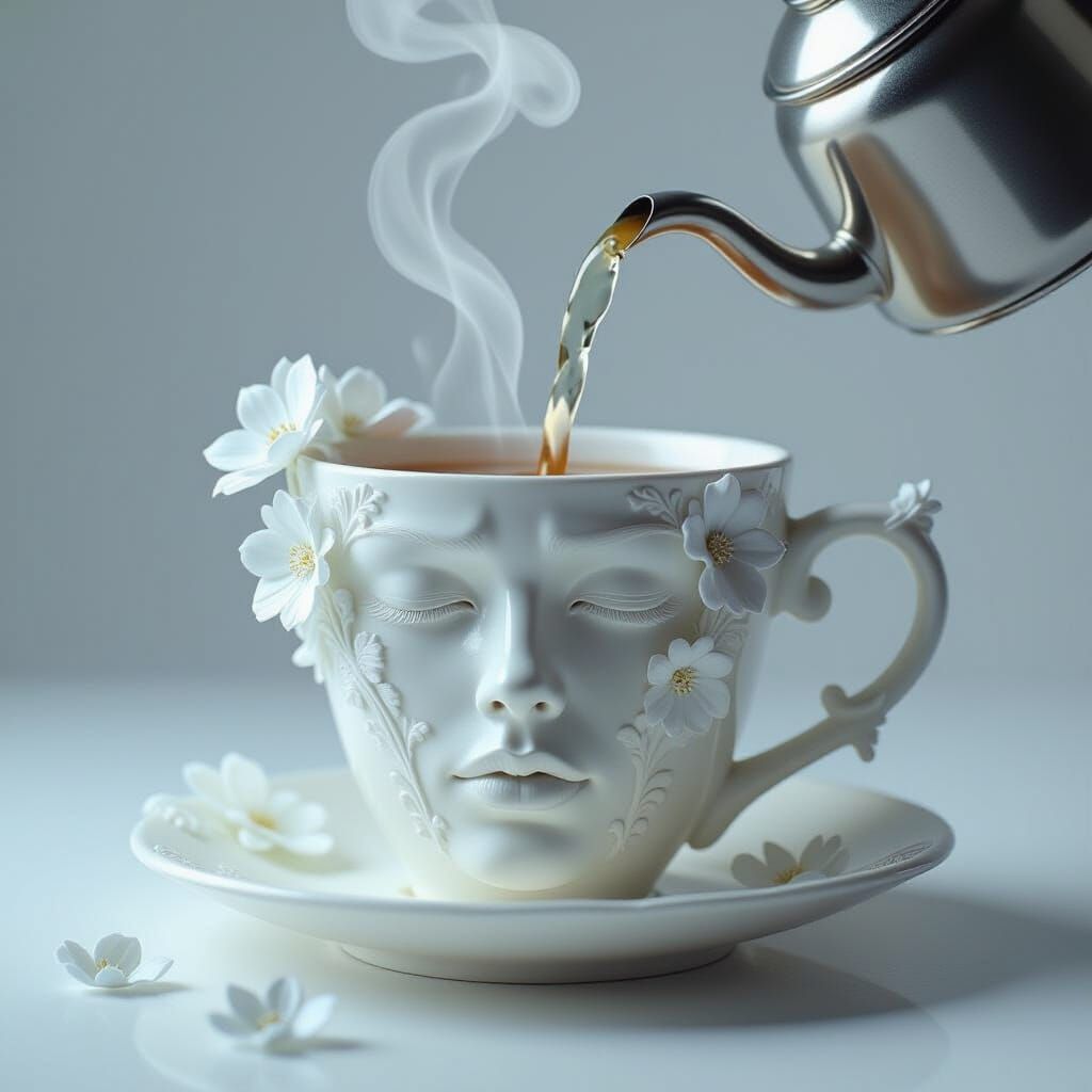 Surreal Cup Portrait with Floral Details and Hot Water