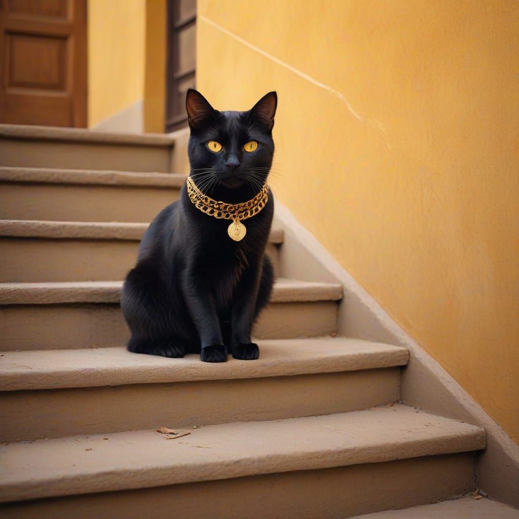 <lora:Ancient Gold:1.0>black little cat with golden eyes wea...