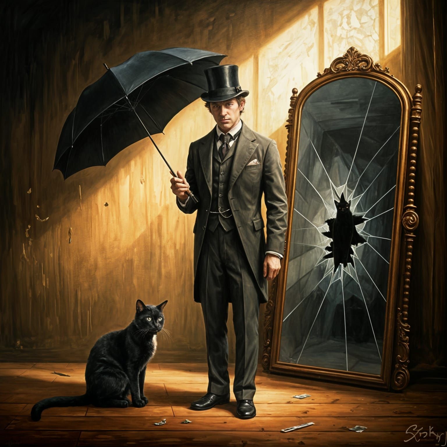 Unlucky Man with Umbrella: Oil Painting