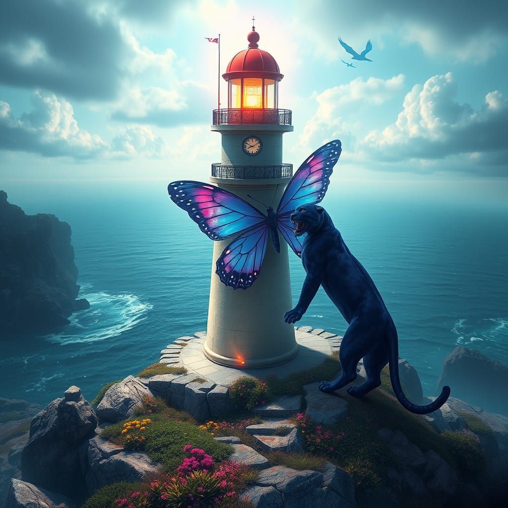 Fantastical Lighthouse Panther in Vibrant Colors