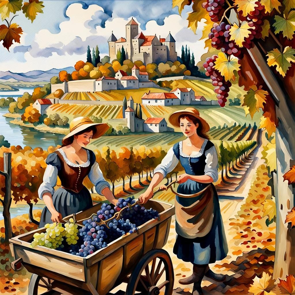 Autumn Vineyard Harvest: Watercolor Painting