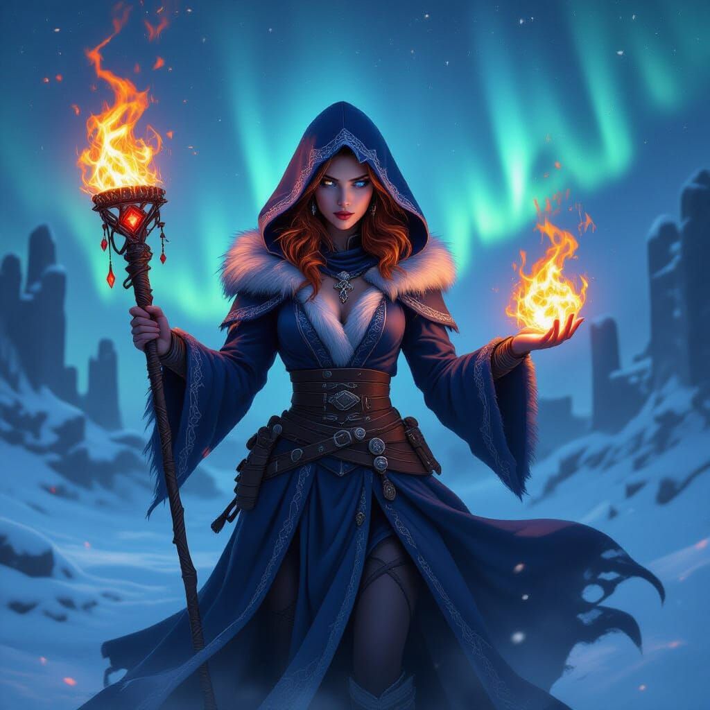Sorceress Conjuring Flames Under Northern Lights