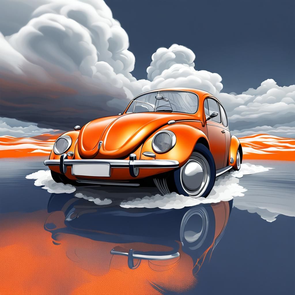 Cartoonish VW Beetle in Silver and Orange Hues