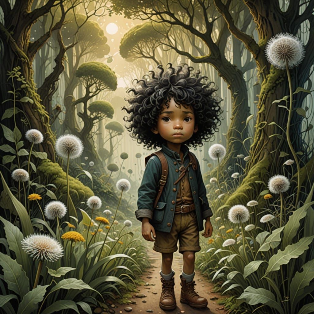 Miniature Girl Exploring a Surreal Garden with Giant Dandeli...