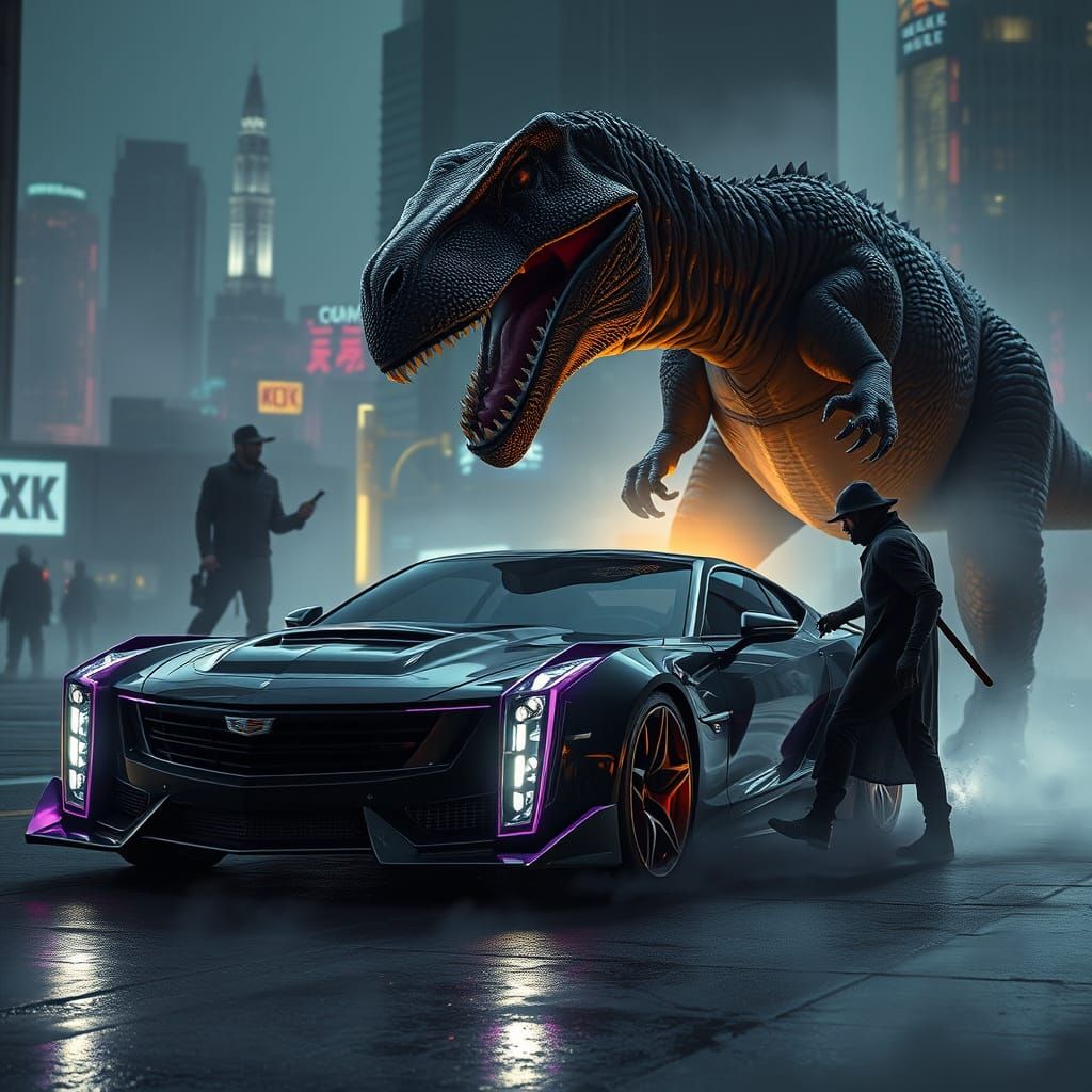 Cyberpunk Cadillac Dinosaur Duel in Mist
