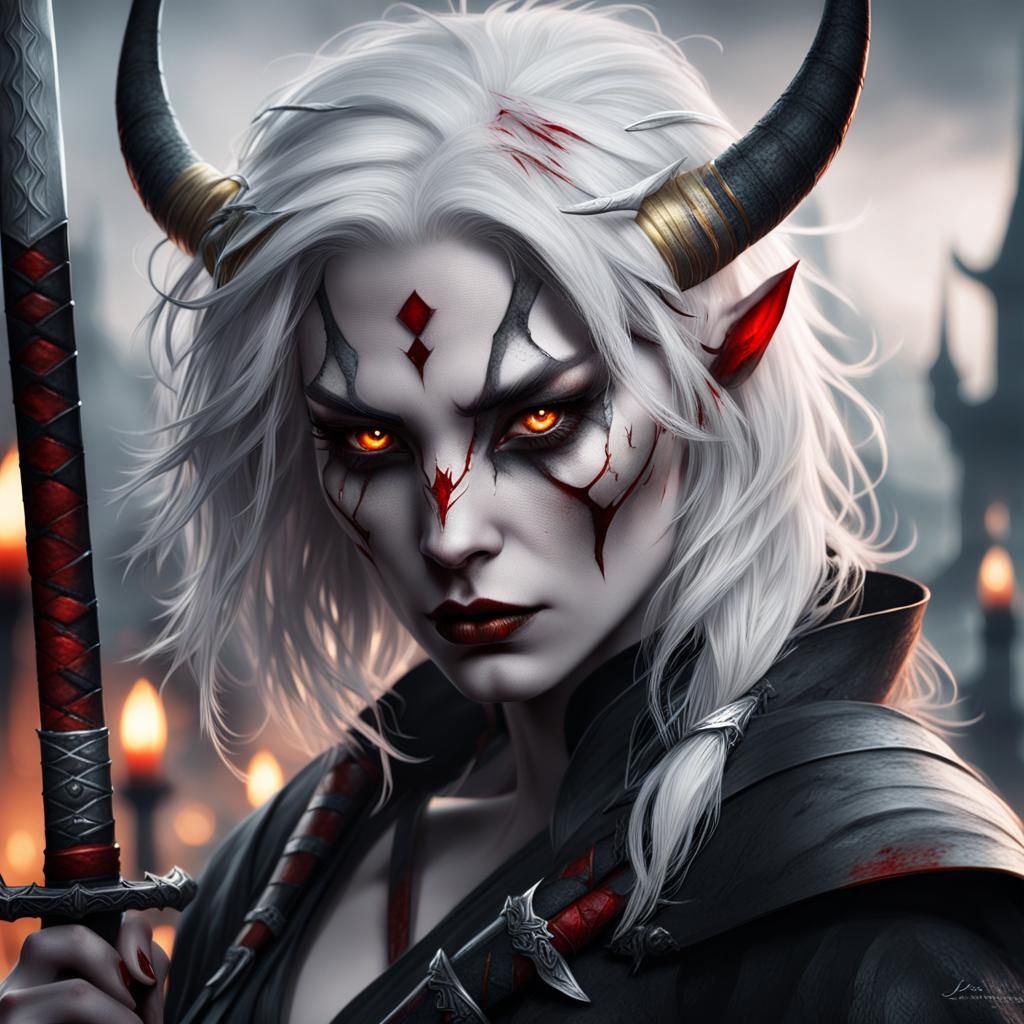 Pale Woman with Katana: Dark Fantasy Portrait