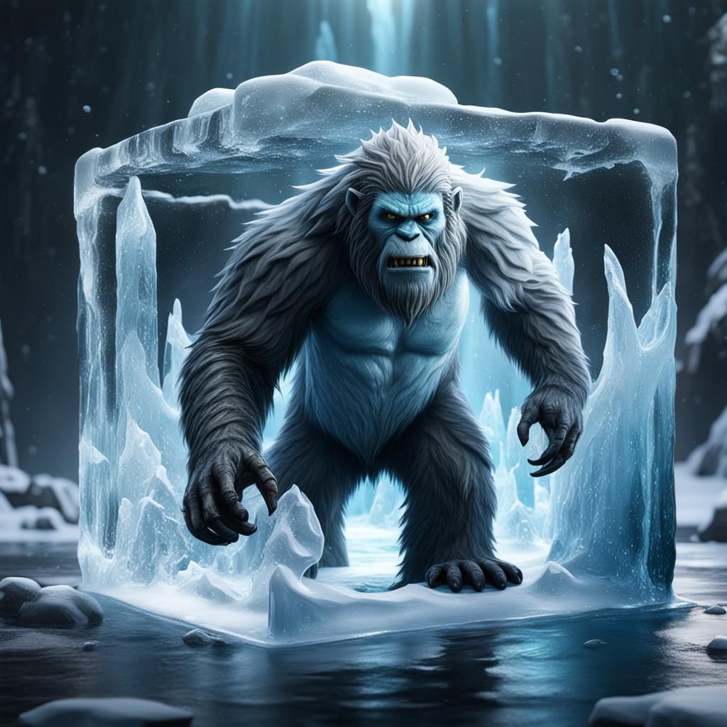 Yeti in Ice Cube: Detailed Matte Painting