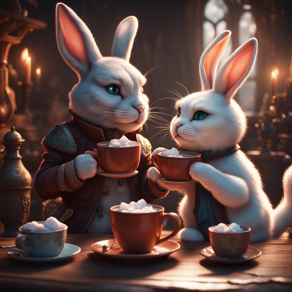 Bunny and Cat Sharing Hot Chocolate