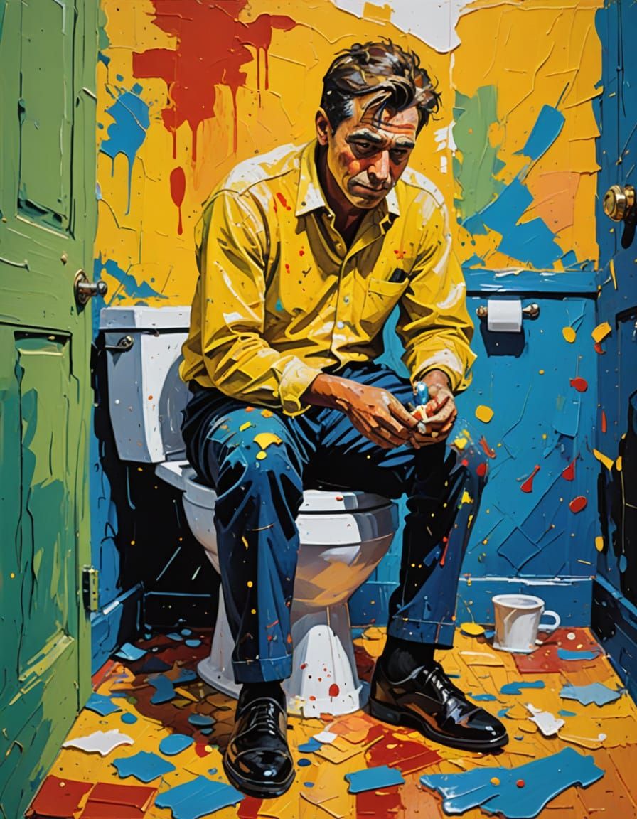 Impasto Gouache Man on Toilet in Warm Yellow Light