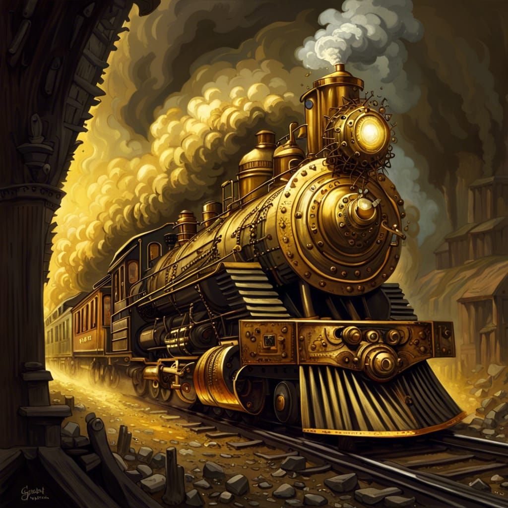 Golden railroad train engine in full power. steampunk engine horror Gustave Doré Greg Rutkowski