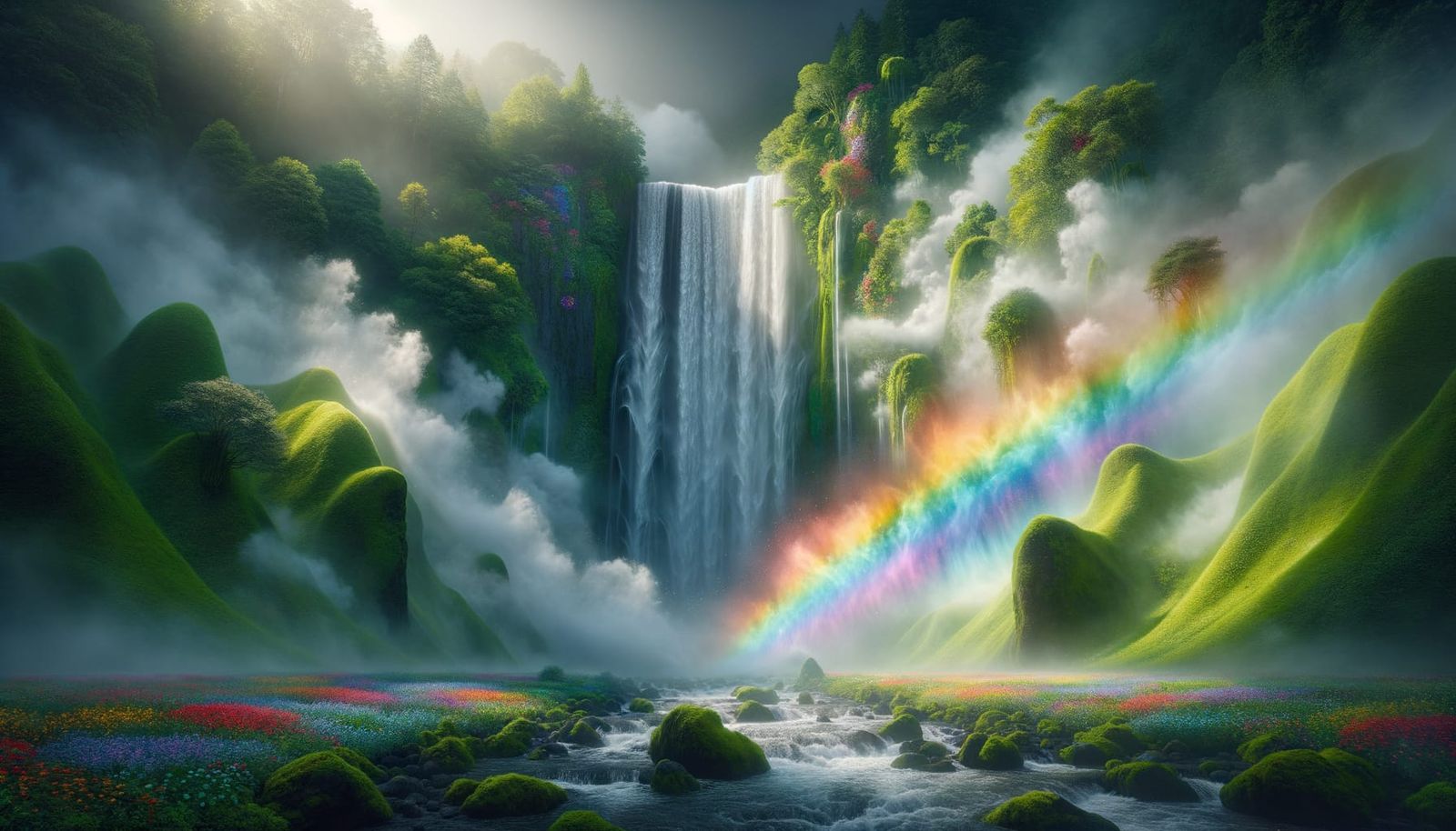 Rainbow Waterfall in Lush Forest