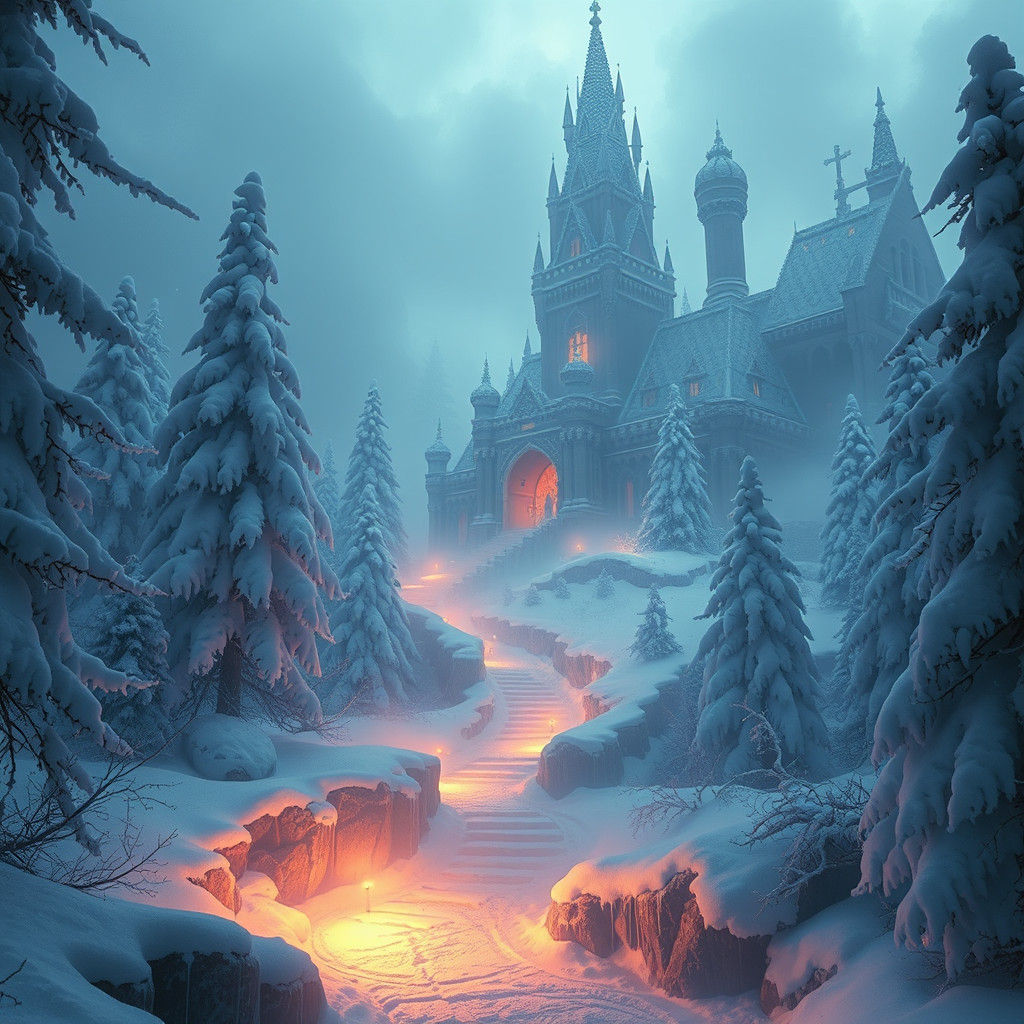 Enchanted Winter Wonderland with Frozen Castle