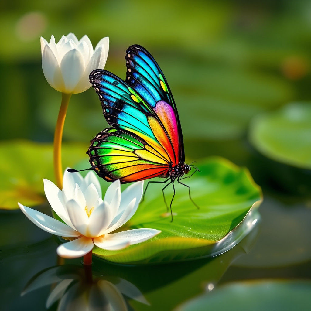 Rainbow Butterfly on Lily Pad in Dreamlike Setting