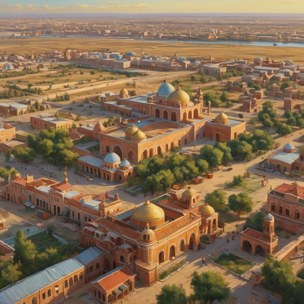 Astrakhan Cityscape Painting with Caravans and Gardens