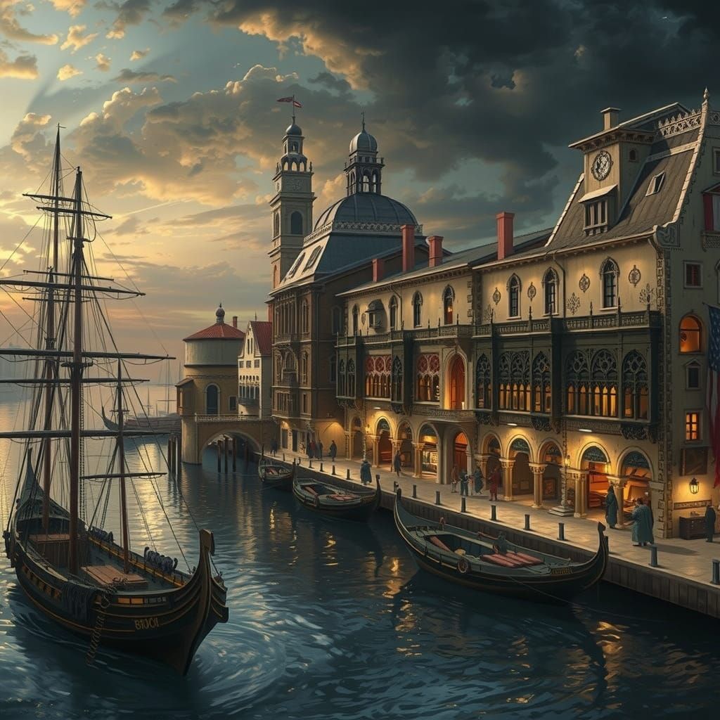 Epic Medieval Port City by the Sea in Dark Fantasy Style