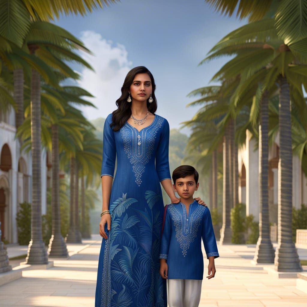 Woman and Boy by Palms: Hurufiyya-Style Painting