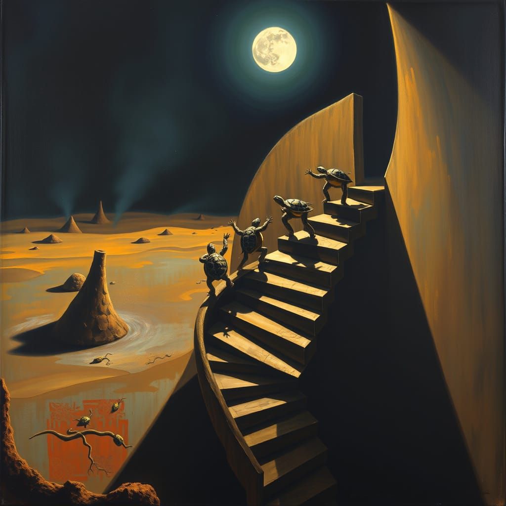 Surrealist Desert Night: Dancing Turtles on Spiral Staircase