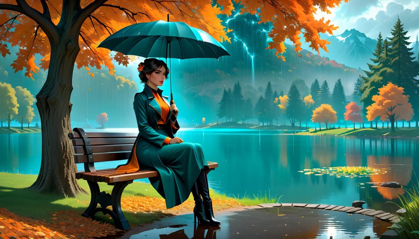 Rainy Day Lakeside Bench Scene in Art Nouveau Style