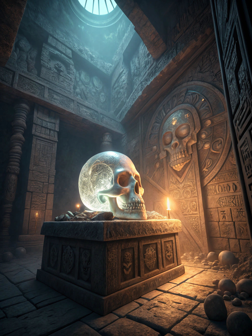 Glowing Crystal Skull on Aztec Altar