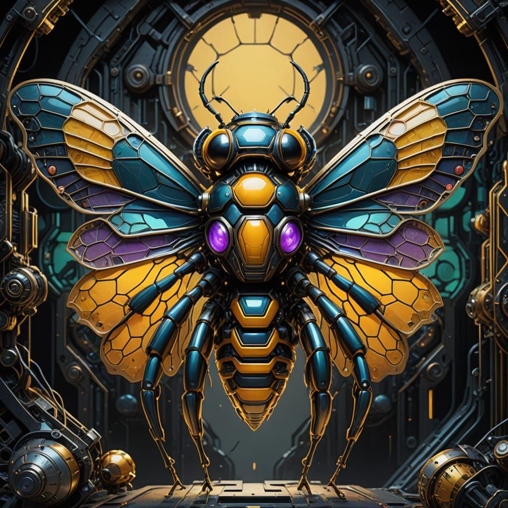 Cyberpunk Bee Goddess Reigns in Psychedelic Hive of Mechanic...