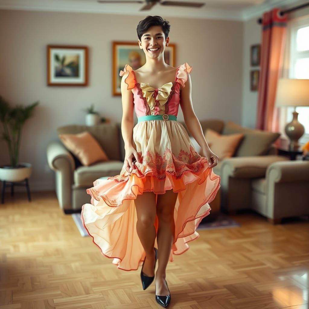 Youthful Male in Elegant Lolita Dress Smiles Playfully