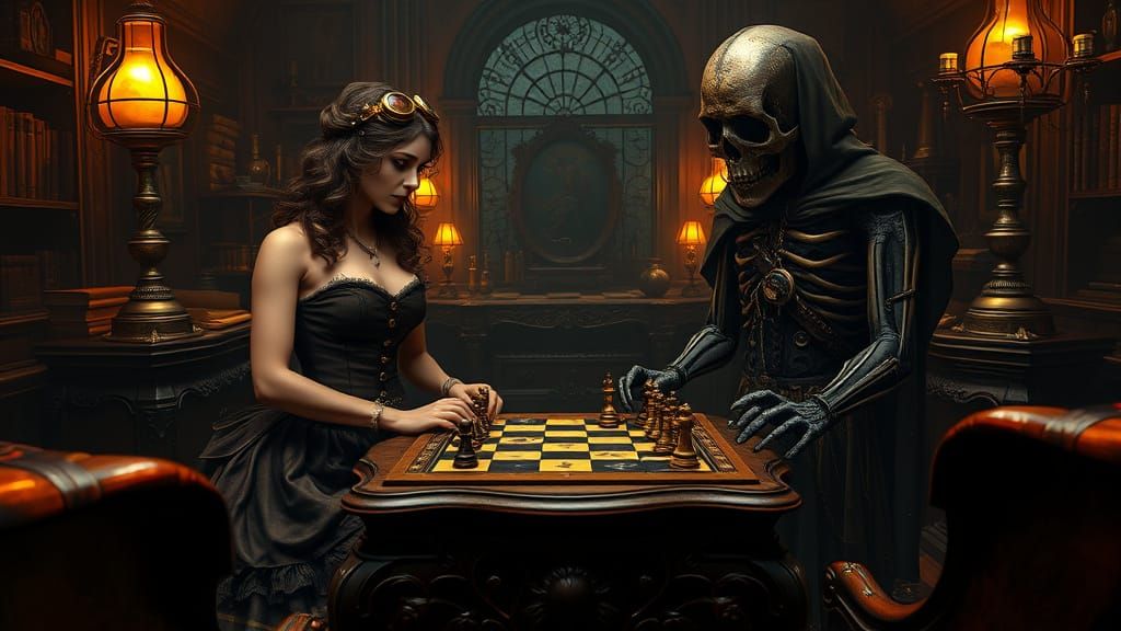 Steampunk Chess Match in a Dark, Gothic Study