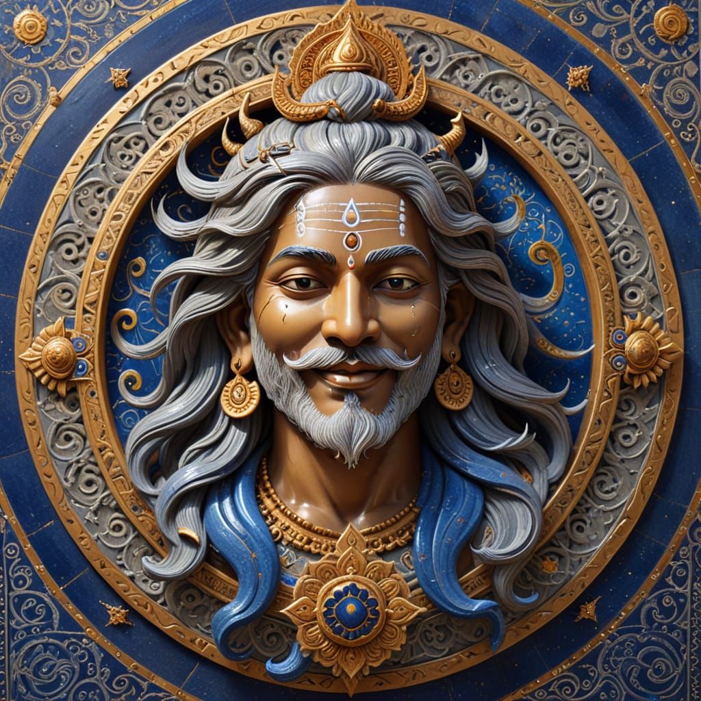 Sage Lord in Vibrant Hindu Art with Golden Ornaments