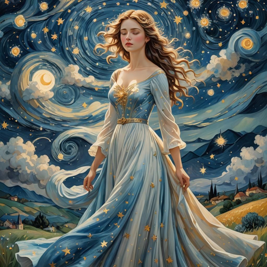 Dreamy Woman Surrounded by Stars in Majolica Art