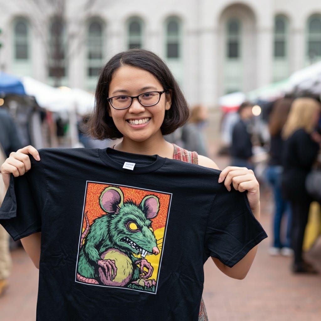 Young Woman Displays Ed Roth's Ratfink on Dupont Circle T-Sh...