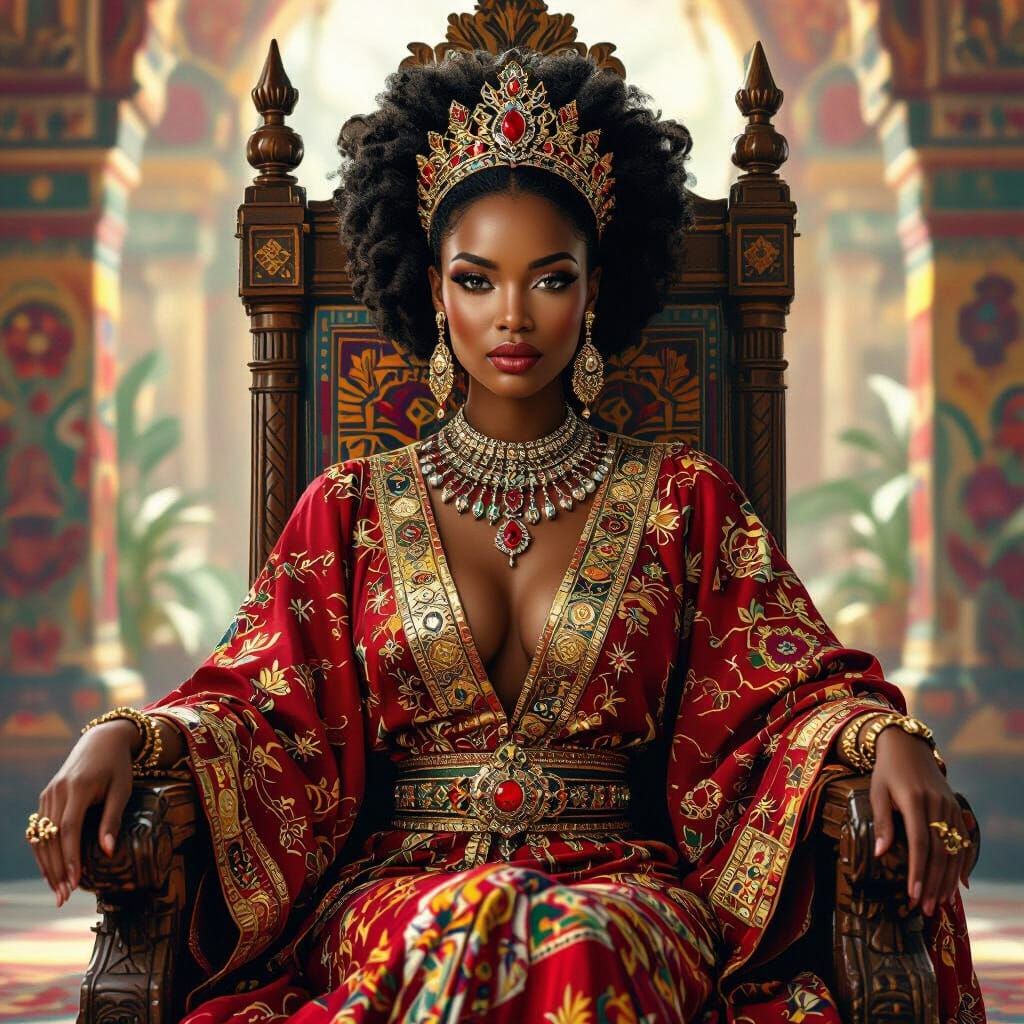 Majestic African Queen on Throne in Hyperrealistic Style