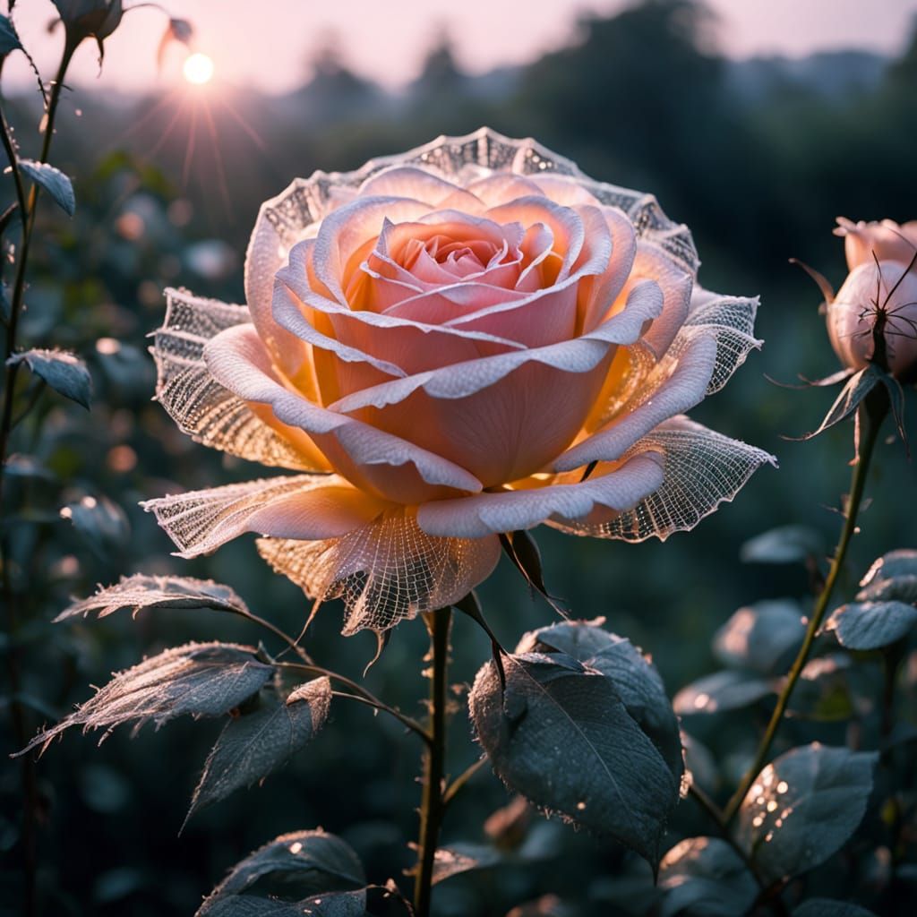 Glowing Spider Silk Rose with Morning Dew