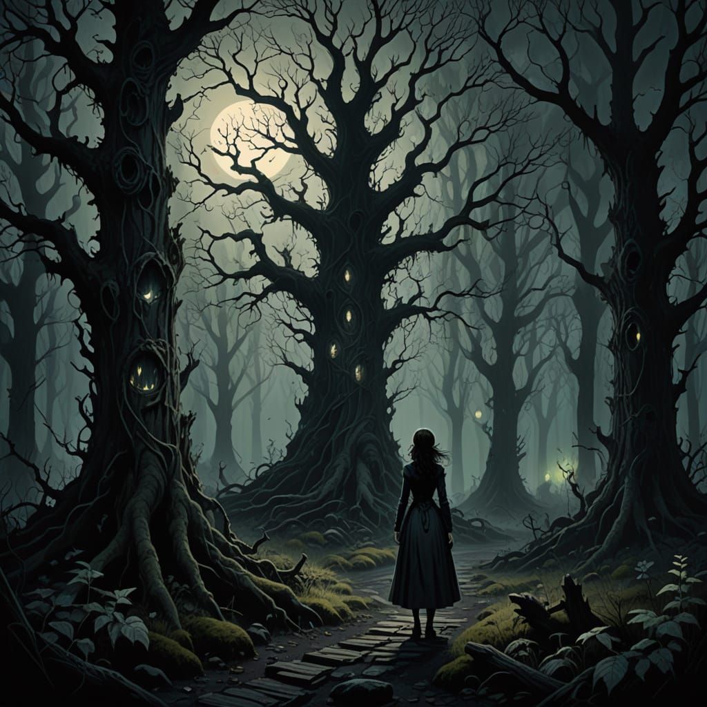 Woman at Edge of Dark Whimsical Forest in Tim Burton Style